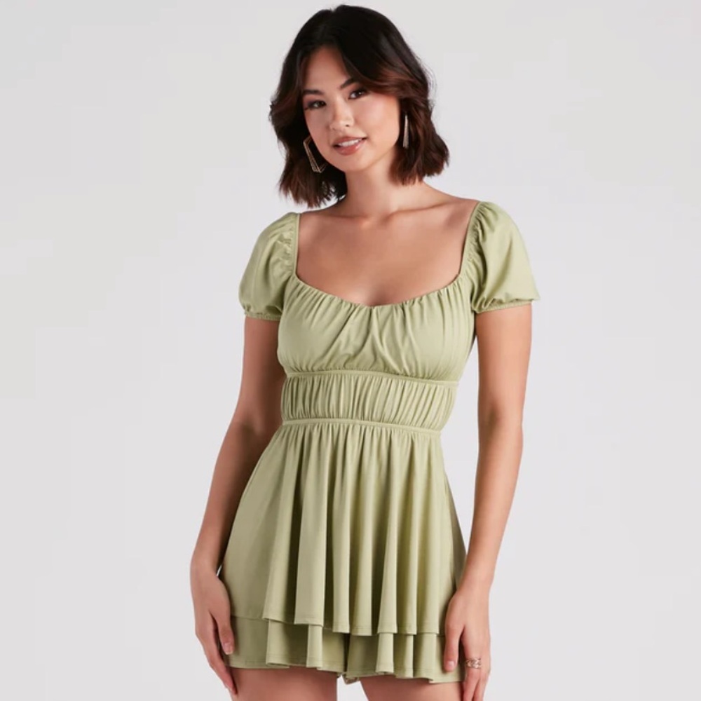 WINDSOR Green Flirty Ruched Romper
